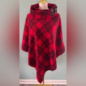 Moda Red and Black Fleece Plaid Poncho, One Size